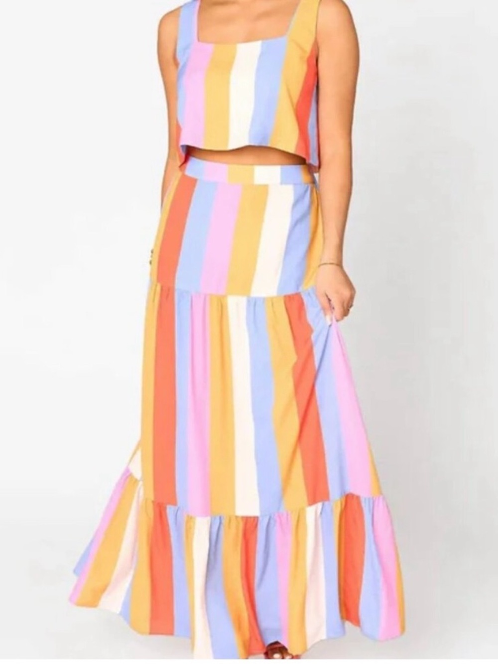 Buddy Love Multicolor Vertical Stripe Maxi Skirt in Coral, Blue & Yellow